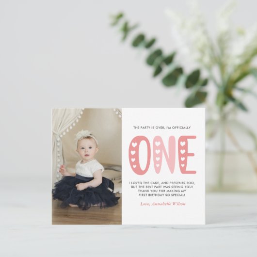 Blush roze 1e verjaardag Dank u Briefkaart (Staand voorkant)