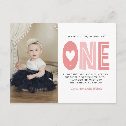 Blush roze 1e verjaardag Dank u Briefkaart (Voorkant)
