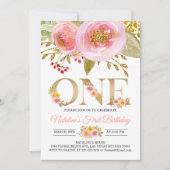 Blush roze 1e verjaardag uitnodiging rustiek goud (Voorkant)