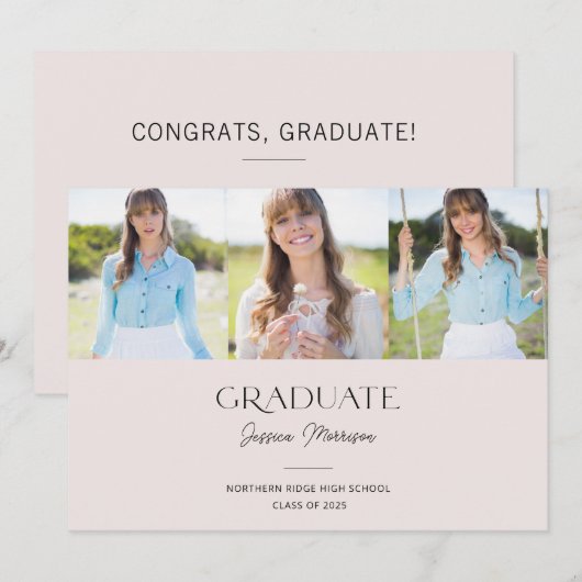 Blush roze 3-foto minimalistische graduPartij Kaart (Voorkant / Achterkant)