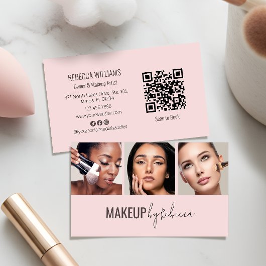Blush Roze 3 Foto QR Code Moderne Make-up Visitekaartje