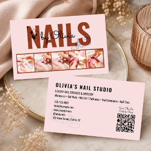Blush Roze 5 Foto Qr-Code Lijn-Kunst Nagel Salon Visitekaartje