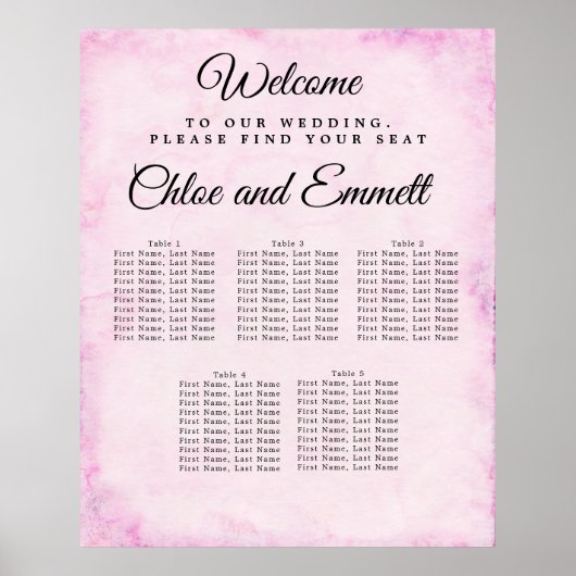 Blush Roze 5-Table Wedding Seating Char Poster (Voorkant)