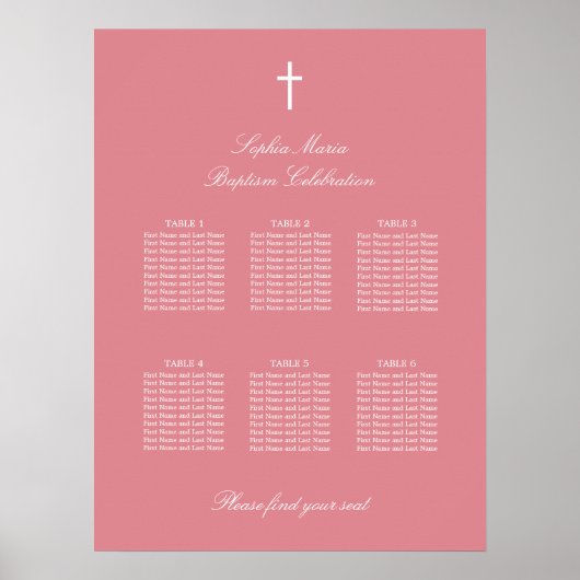 Blush Roze 6 Table Baptism Seating Chart Poster (Voorkant)