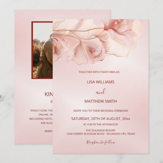 Blush Roze Abstracte Bloem Foto bruiloft Kaart (Voorkant / Achterkant)