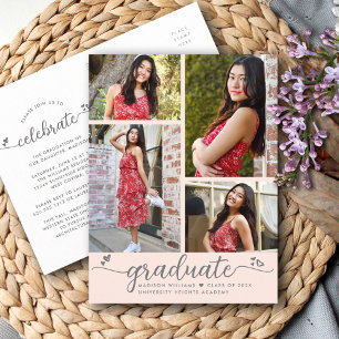 Blush roze Afstuderen 4 Foto modern script Uitnodiging Briefkaart