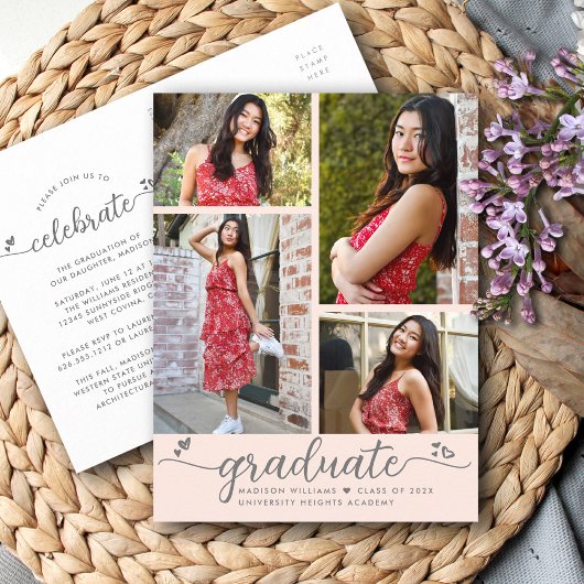 Blush roze Afstuderen 4 Foto modern script Uitnodiging Briefkaart
