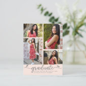 Blush roze Afstuderen 4 Foto modern script Uitnodiging Briefkaart (Staand voorkant)