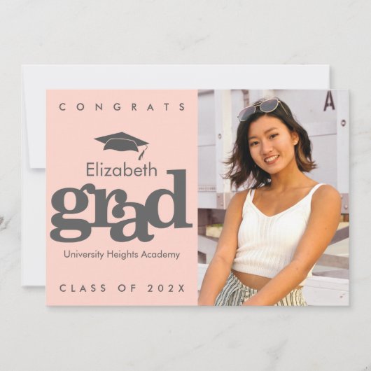 Blush roze afstuderen foto grijs pet modern vet aankondiging (Voorkant)