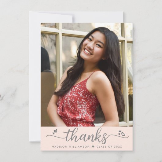Blush Roze Afstuderen Foto Moderne Script Hearts Bedankkaart (Voorkant)