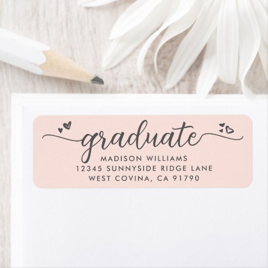 Blush Roze Afstuderen Script Harten Modern Adres Etiket (Insitu)