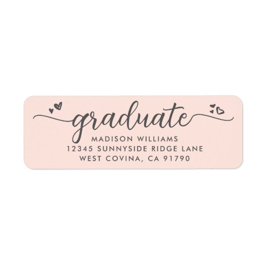 Blush Roze Afstuderen Script Harten Modern Adres Etiket (Voorkant)