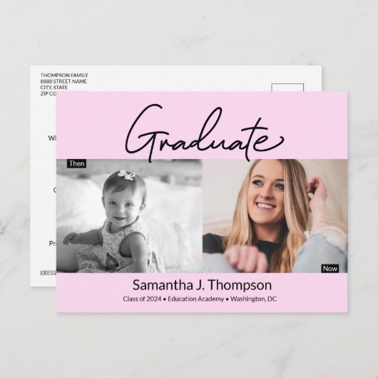 Blush roze Afstuderen Toen en Nu Afstuderen Foto's Aankondigingskaart (Voorkant / Achterkant)