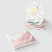 Blush Roze Agate Handtekening White marble Gold Stenen Onderzetter (Zijkant)