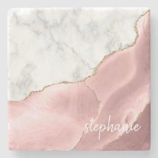 Blush Roze Agate Handtekening White marble Gold Stenen Onderzetter (Voorkant)