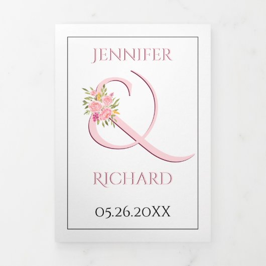 Blush roze ampersand met roze rozen bruiloft drieluik uitnodiging (Cover)