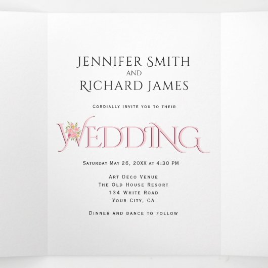 Blush roze ampersand met roze rozen bruiloft drieluik uitnodiging (Binnenkant midden)