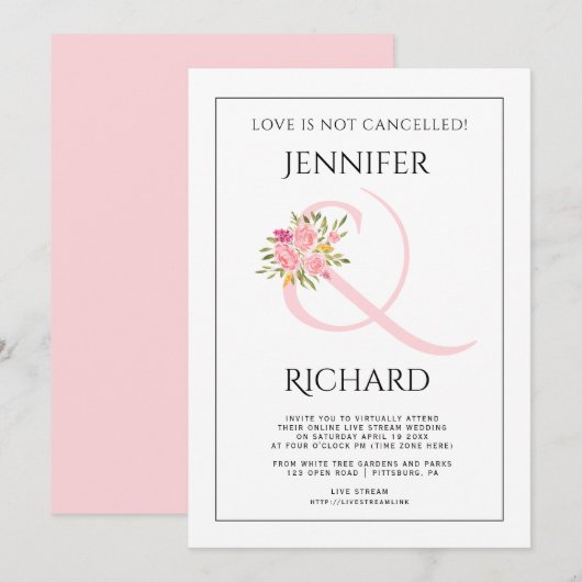 Blush roze ampersand, roze rose virtuele bruiloft kaart (Voorkant / Achterkant)