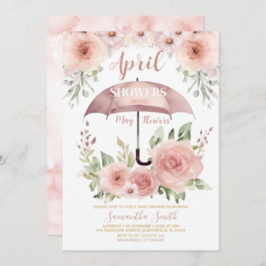 Blush roze april douches brengen mei bloem paraplu kaart (Voorkant / Achterkant)