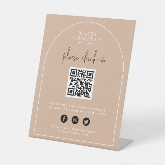Blush Roze Arch Covid Check-In of Payment QR Code Reclamebord Met Voetstuk (Voorkant)