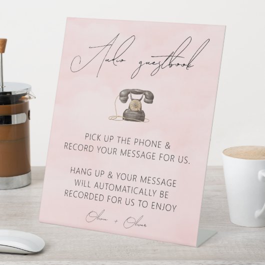 Blush roze audio guestbook-teken reclamebord met voetstuk (Insitu)
