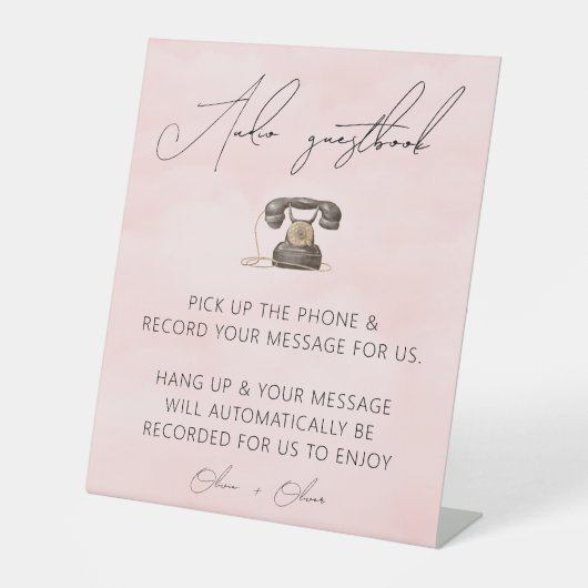 Blush roze audio guestbook-teken reclamebord met voetstuk (Voorkant)