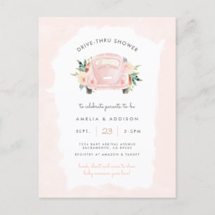 Blush roze auto-Girl drive through Baby shower Uitnodiging Briefkaart