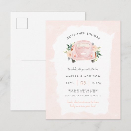 Blush roze auto-Girl drive through Baby shower Uitnodiging Briefkaart (Voorkant / Achterkant)