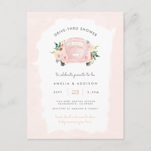 Blush roze auto-Girl drive through Baby shower Uitnodiging Briefkaart (Voorkant)