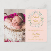 Blush Roze Baby Foto Greenery Dank je geboorte Aankondigingskaart (Voorkant)