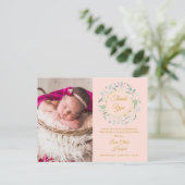 Blush Roze Baby Foto Greenery Dank je geboorte Aankondigingskaart (Staand voorkant)