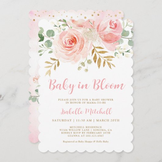 Blush Roze "Baby in Bloom" Baby shower Uitnodiging (Voorkant / Achterkant)