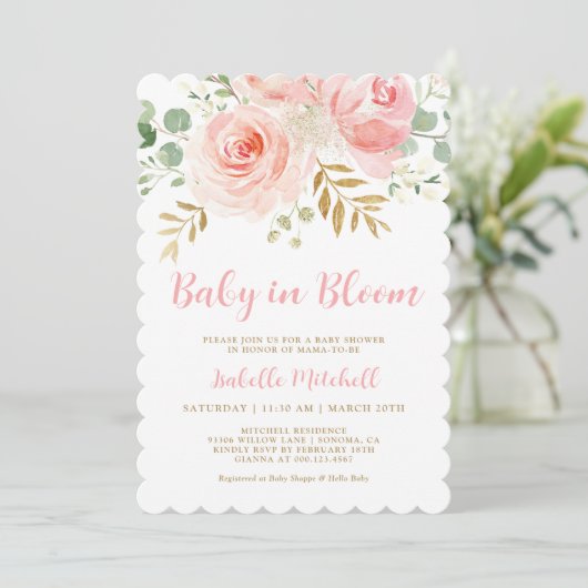 Blush Roze "Baby in Bloom" Baby shower Uitnodiging (Staand voorkant)