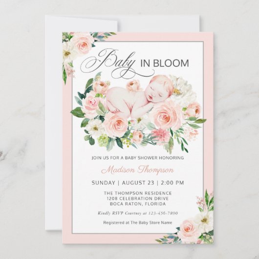 Blush roze Baby in Bloom Floral Baby shower Kaart (Voorkant)