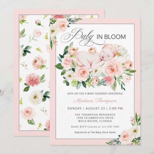Blush roze Baby in Bloom Floral Baby shower Kaart (Voorkant / Achterkant)