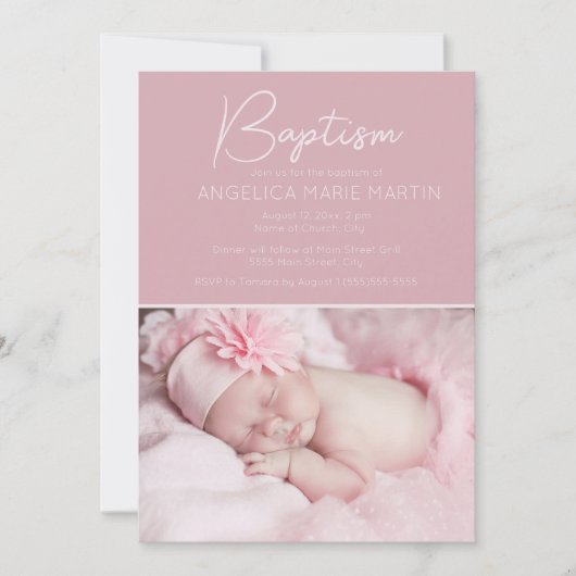 Blush roze baby meisje foto doop kaart (Voorkant)