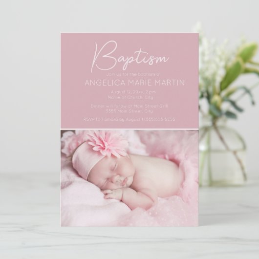 Blush roze baby meisje foto doop kaart (Staand voorkant)