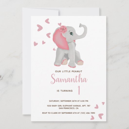 Blush Roze Baby olifant Waterverf 1e verjaardag I Kaart (Voorkant)