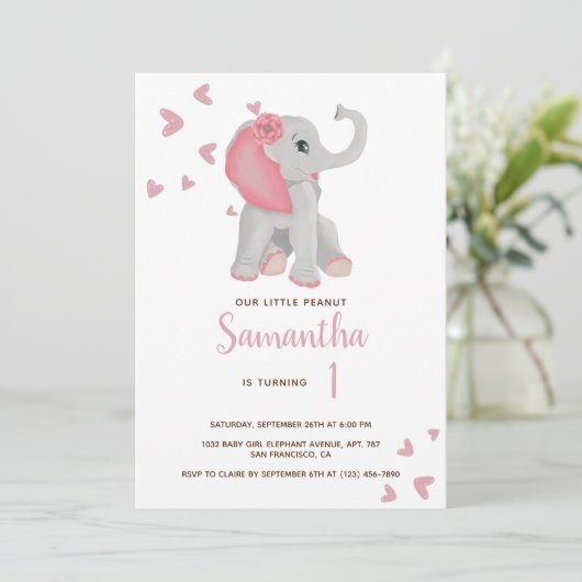Blush Roze Baby olifant Waterverf 1e verjaardag I Kaart (Staand voorkant)