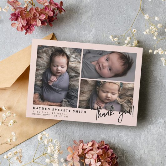 Blush Roze Baby Photo Collage New Baby bedankt Aankondiging