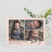 Blush Roze Baby Photo Collage New Baby bedankt Aankondiging (Staand voorkant)