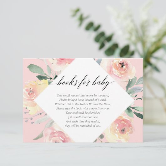 Blush roze baby shower boeken voor baby informatiekaartje (Staand voorkant)