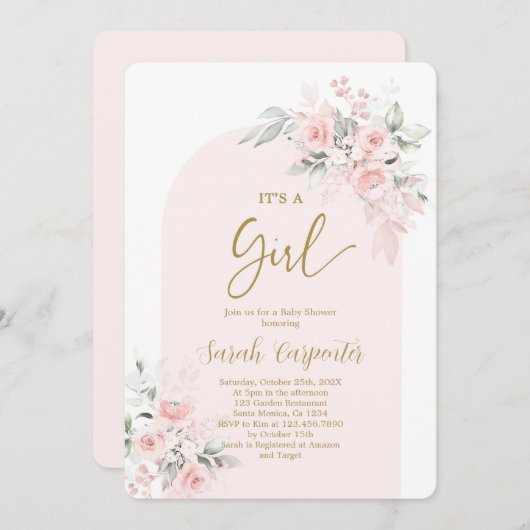 Blush Roze Baby shower Girl Invitation Kaart (Voorkant / Achterkant)