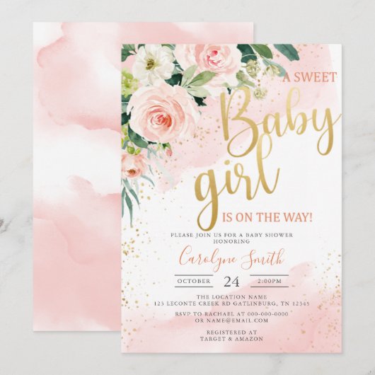 Blush Roze Baby shower Invitation girl Kaart (Voorkant / Achterkant)