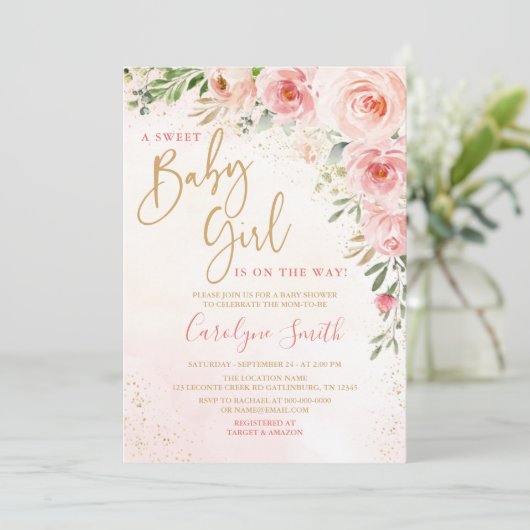 Blush Roze Baby shower Uitnodiging (Staand voorkant)