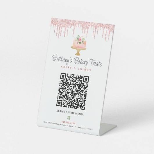 Blush Roze Bakkerij QR Code Scan Menu Cake Glitter Reclamebord Met Voetstuk (Voorkant)