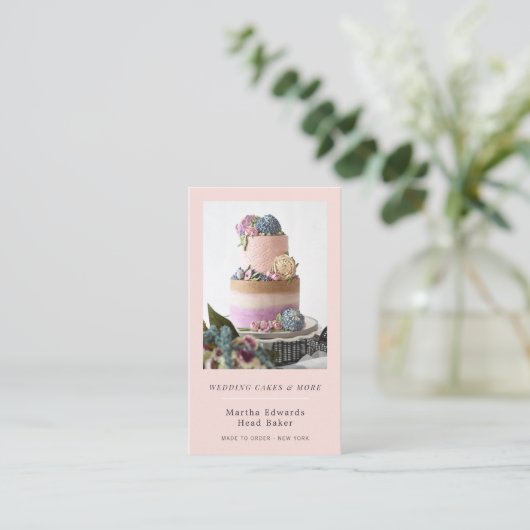 Blush roze bakkerij rustieke bruidstaart fotografi visitekaartje (Staand voorkant)