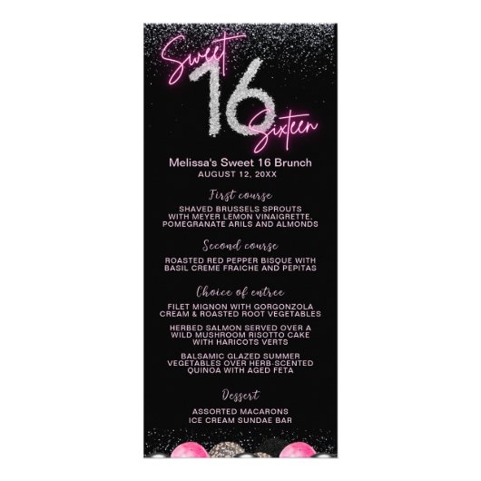 Blush Roze Ballon Diamanten Sweet 16 Zestien Menu (Voorkant)