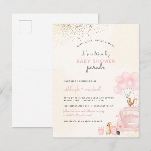 Blush-roze ballonnen auto's met Baby shower Uitnodiging Briefkaart (Voorkant / Achterkant)