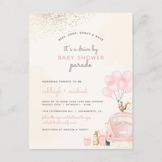 Blush-roze ballonnen auto's met Baby shower Uitnodiging Briefkaart (Voorkant)